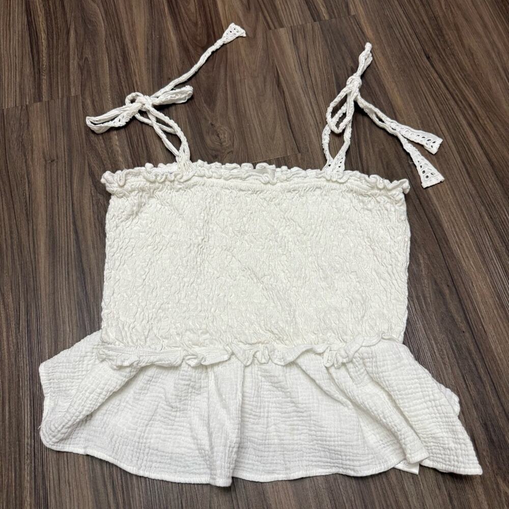 ERI & ALI Anthropologie Stephanie Smocked Eyelet Tank White Peplum Top sz XL